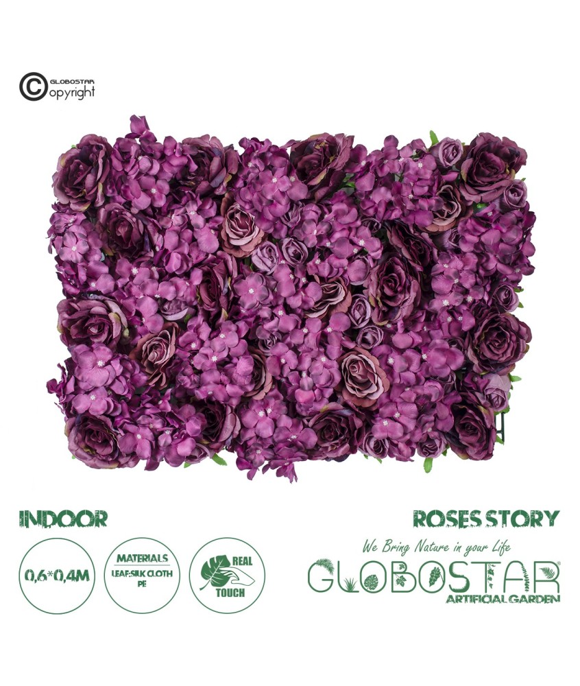 GloboStar® Artificial Garden ROSES STORY 20356 Τεχνητό Διακοσμητικό Πάνελ Λουλουδιών - Κάθετος Κήπος σύνθεση Φουξ & Βυσσινί Τριαντάφυλλα Μ40 x Π60 x Υ10cm